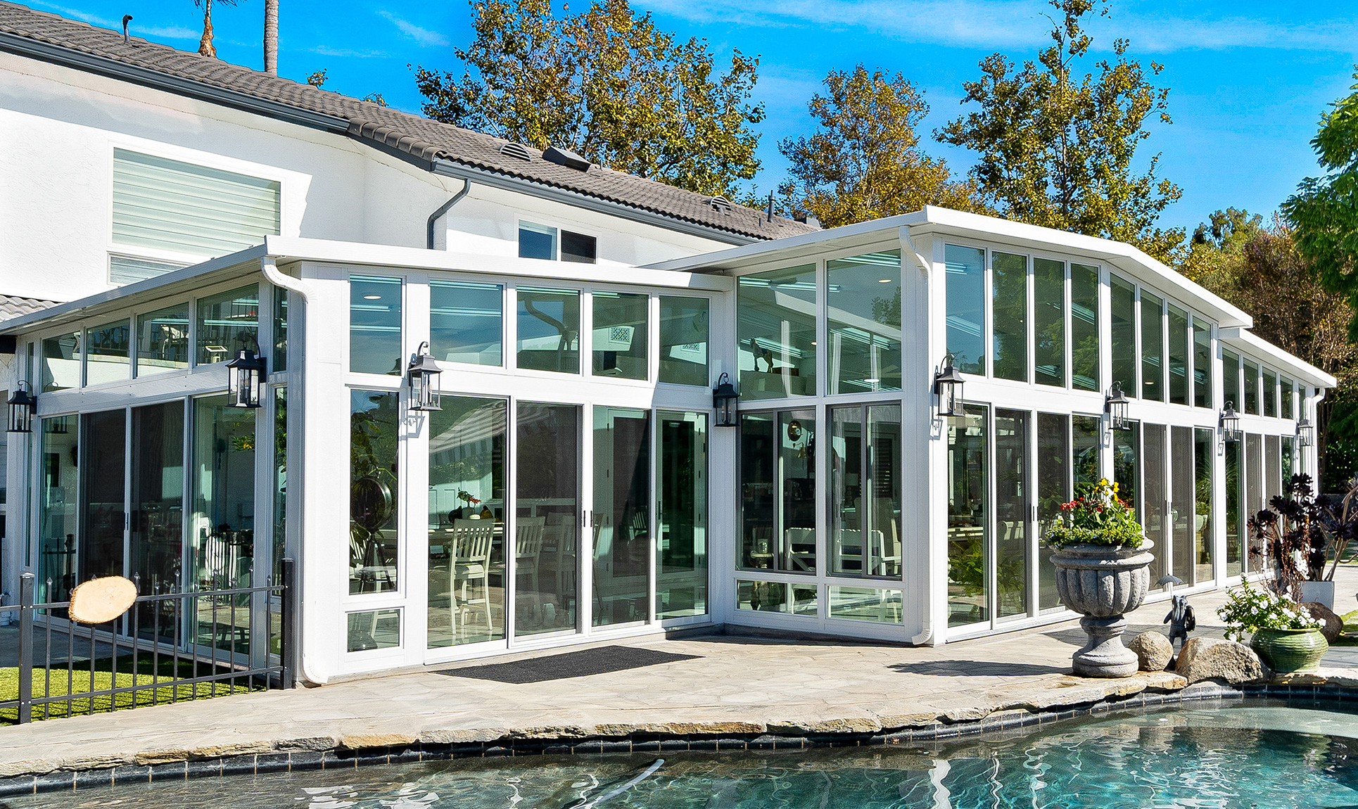 Custom cathedral sunroom with tall windows on a Pacific Patio project