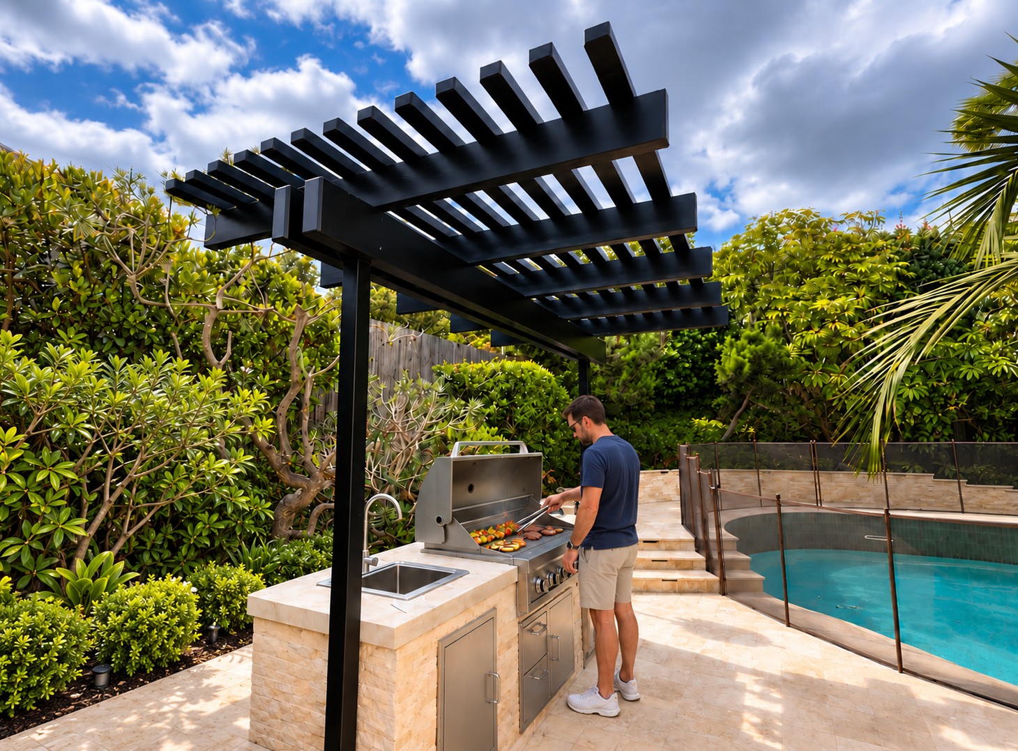 A black garden arbor shading an outdoor grill and preparation area