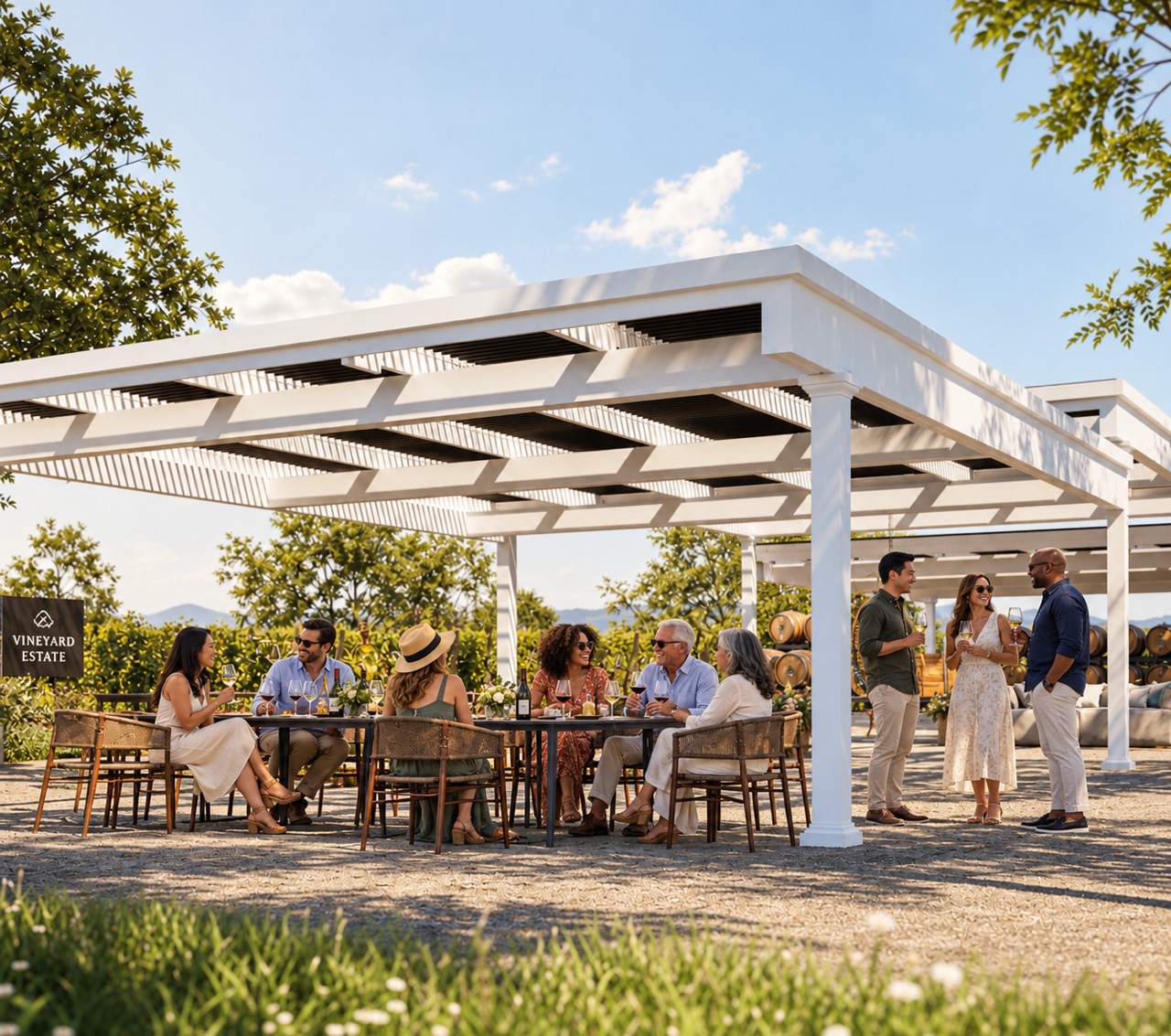 Friends gathering beneath a white pergola overlooking a vineyard