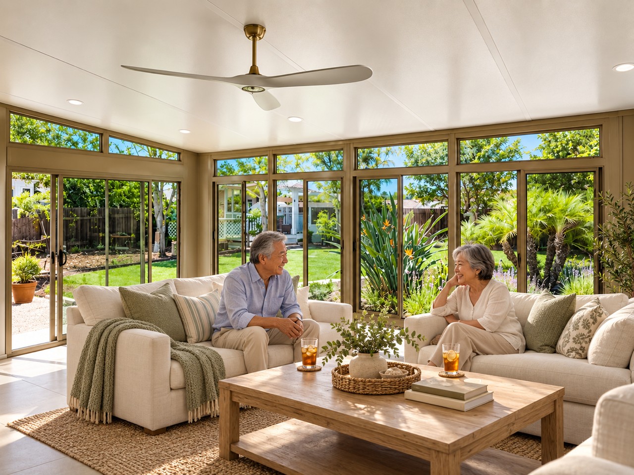 A couple relaxing in a sunroom with large windows overlooking a garden